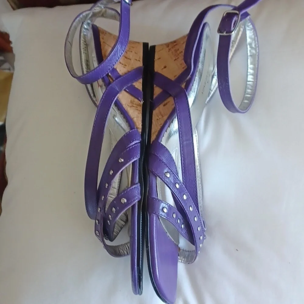 Ros Hommerson scrappy purple slingback, ankle strap sandals wedges, 7WW